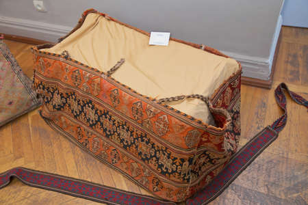 Azerbaijan Baku 04.12.2020 . Farmash is a decorative carpet at least half a meter high, 1.2 meters wide and two meters long, with loops built to keep the mouth open. Karabakh, XIX century. Mafrashのeditorial素材