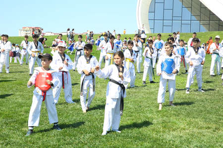 BAKU, AZERBAIJAN - JUNE 1 2019 : Kids festival . In park of Heydar Aliyev Center. Kids show a karate show at the festivalのeditorial素材