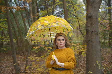 Baku Azerbaijan 21.12.2019 . the tree in autumn. The girl in the yellow dress was holding a yellow umbrella.のeditorial素材