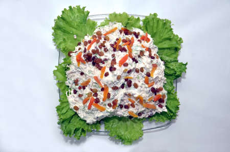 A creamy flavorful cold chicken macaroni salad, that s perfect for picnics, cookouts, and other gatherings Mayonnaise salad . Raisins and apricots on the salad . On the plate capital salad.の写真素材
