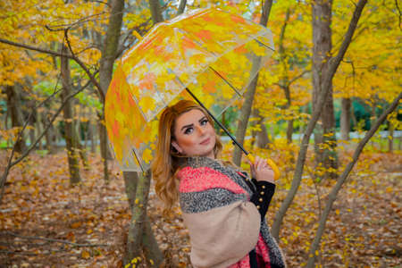Baku Azerbaijan 21.12.2019 . photo session park between the leaves in front of the tree in autumn. The girl in the red hat is holding an umbrella, smiling and looking at the cameraのeditorial素材