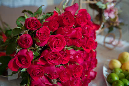 Big bouquet of one hundred big red roses flowers . A bouquet of flowers bouquet of a hundred red roses .の写真素材