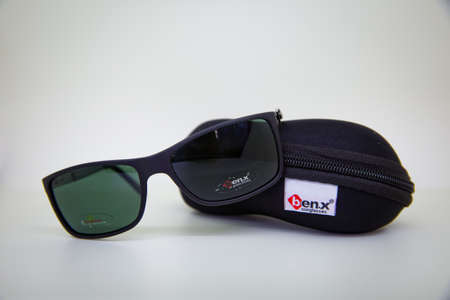 Black glasses on gray isolated white background . BENX MENS SUNGLASSES . Azerbaijan Baku . 24.04.2021 .の写真素材