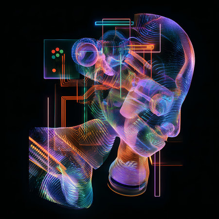 3d rendering of a robot head made of glowing lines on a black backgroundの素材