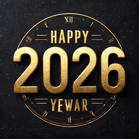 Happy New Year 2016. Golden text on black textured background.の素材