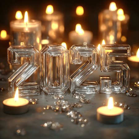 Burning candles with the numbers 2014 in the shape of a glass.の素材