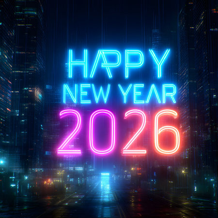 Happy New Year 2016 glowing neon text on dark background. 3D Renderingの素材
