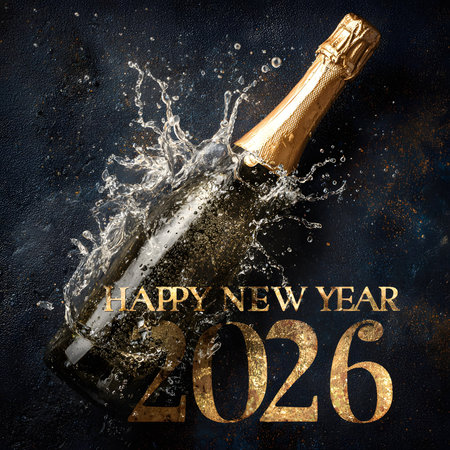 Happy New Year 2016. Champagne bottle with splash on dark backgroundの素材