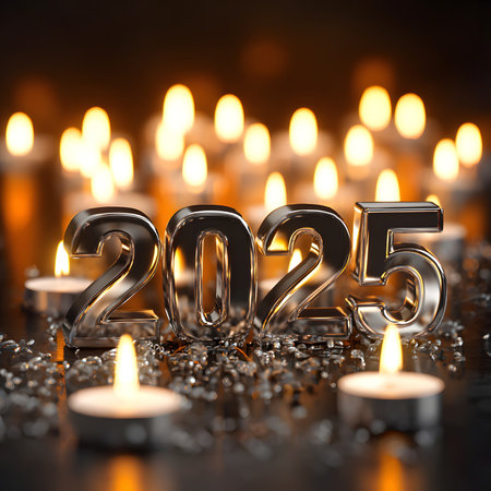 Burning candles with the number 2015 in silver on a black backgroundの素材