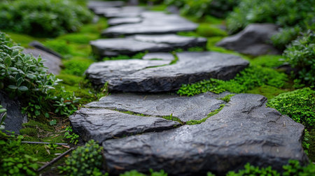 Pathway of gray stones winding through a garden bed with moss and plants.の素材