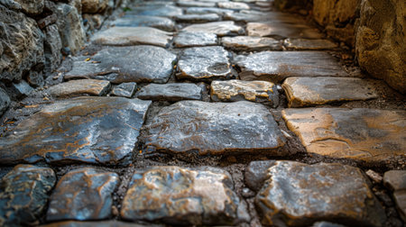 Close-up view of ancient cobblestone path.  Cobblestones, stone pavement, walkway, pathway, textures, details, aged,  historic,  old,  worn,  rustic,  historical,  paved,  medieval,  europe,  travel,  tourism,  stones,  gray,  brown,  light,  shadow,  architecture,  detail,  ground,  surface,  urban,  city,  street,  pattern,  closeup,  stonework,  historical,  antique,  dirt,  gravel,  worn,  pathway,  stones,  pavement.の素材