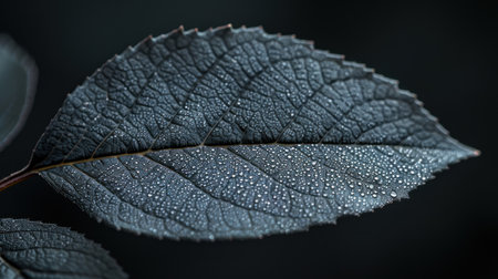 Close-up of a dark, textured leaf covered in dew drops.の素材