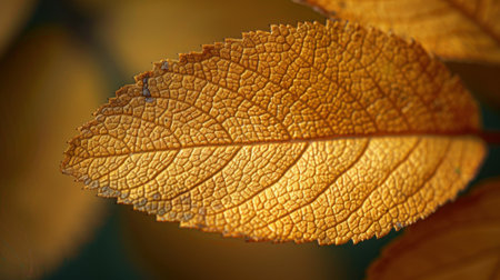 Close-up of a golden autumn leaf, showcasing intricate vein patterns.の素材