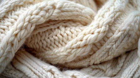 Close-up of a soft, textured, cream-colored knitted fabric, likely a scarf.の素材