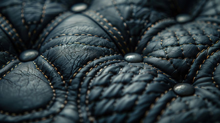 Close-up view of dark leather seat upholstery with gold stitching and rivets. Detailed texture, quilted pattern, and vintage look.の素材