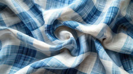 Wrinkled blue and white checked fabric texture.の素材