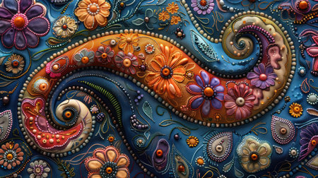 Intricate floral paisley design with swirls, beads, and textured flowers.の素材