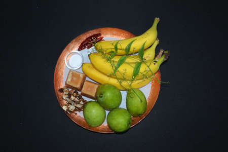ugadi, telugu new year fruits platingの写真素材