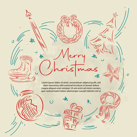 Big set of Christmas design doodle elements with Merry Christmas and New Year Letteringのイラスト素材
