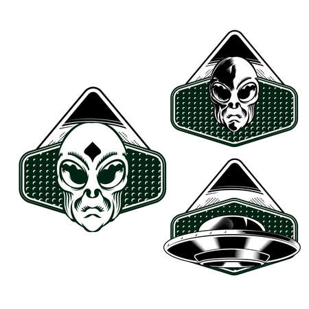 Set Illustration of Alien Badge emblem head for badge design vector elementのイラスト素材