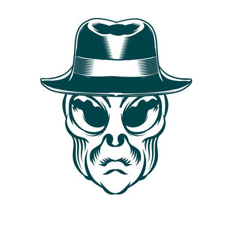 Illustration of Alien head with vintage hat for badge design vector elementのイラスト素材