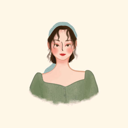 Beautiful girl hand drawn illustration vector with soft green and blue fashion. Portrait of a beautiful woman.のイラスト素材