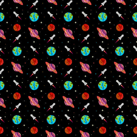 Rocket Space Planets Vector Seamless Pattern. Awesome for classic product design, fabric, backgrounds, invitations, packaging design projects. Surface pattern design.のイラスト素材
