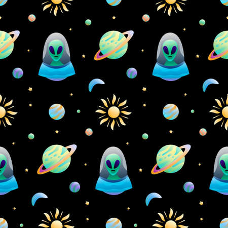 Space Alien Planet Vector Seamless Pattern. Awesome for classic product design, fabric, backgrounds,...
