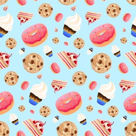 Cake Vector Seamless Pattern. Modern cake with light blue background. Awesome for product design, fabric, invitations, packaging design projects. Surface pattern design.のイラスト素材