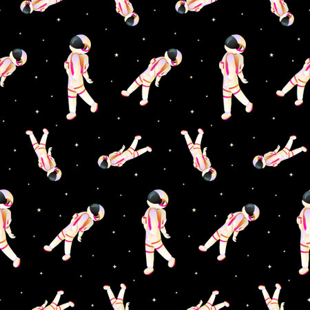 Astronaut Vector Seamless Pattern. Modern red orange astronaut background. Awesome for product design, fabric, invitations, packaging design projects. Surface pattern design.のイラスト素材