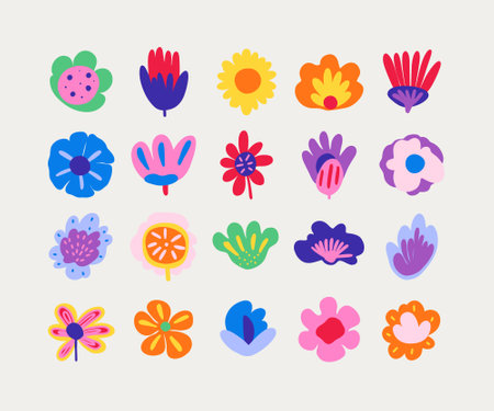 A vibrant collection of colorful floral clipart vectors, showcasing a variety of flower designs.のイラスト素材