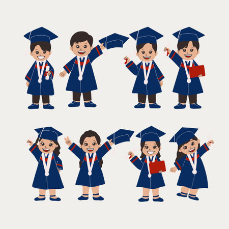A collection of clipart vectors showcasing young children in graduation attire.のイラスト素材