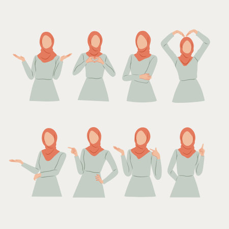 a clipart vector collection featuring a hijabi woman in various poses. She is depicted with a red hijab and a light green dress, displaying different gestures and expressions. The composition includes eight distinct poses, such as making a heart shape with hands, pointing, and shrugging, illustrating various emotions and actions, making it useful for presentations, educational materials, and design projects.のイラスト素材