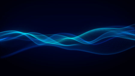 Futuristic technology glowing blue wave on dark background. Smooth gradient and abstract digital design. Perfect for modern tech visuals or innovative backgrounds.の写真素材