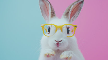 A rabbit wearing glasses is standing in front of a pink background. The rabbit's eyes are wide open, and it is looking at the camera. Concept of curiosity and playfulnessの素材