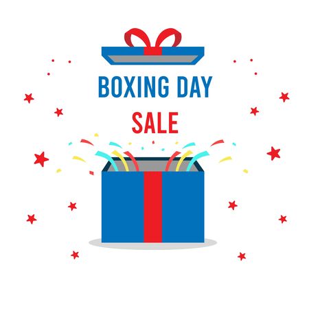 Boxing day sale out from the box blue, red stars and white backgroundのイラスト素材