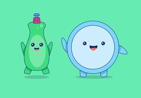 Cute cartoon, plates and detergent characters vector illustrationのイラスト素材
