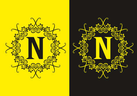 Black yellow of N initial letter in vintage flower frame designのイラスト素材