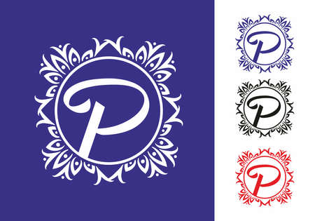 Purple P initial letter in vintage circle frame designのイラスト素材