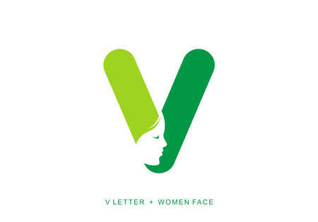 Green color of V initial letter with women face shape designのイラスト素材