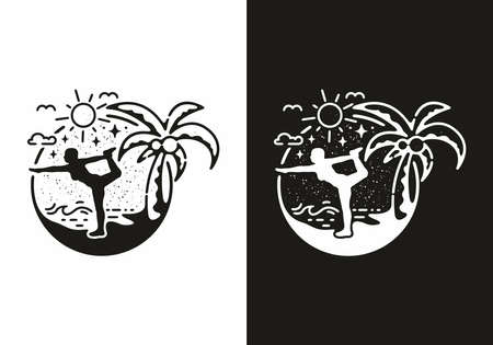Black and white color of beach yoga line art illustration designのイラスト素材