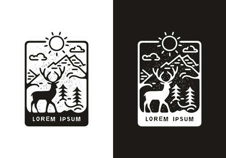 Black and white line art illustration of deer in the mountain designのイラスト素材