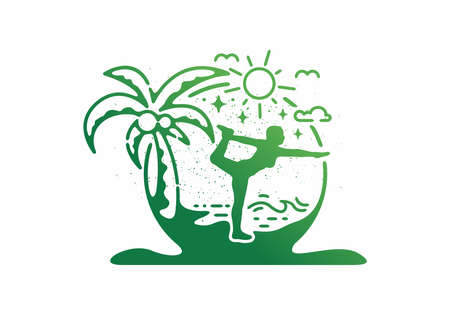 Gradient green color of women yoga in the beach line art illustration designのイラスト素材