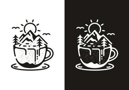 Mountain view coffee line art illustration designのイラスト素材