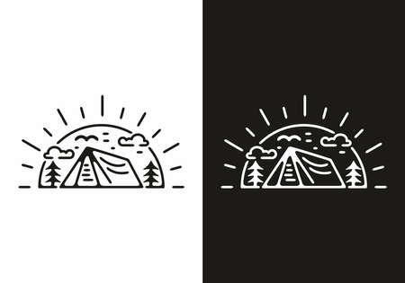 Black and white sun and tent line art illustration designのイラスト素材