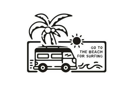 Van and beach line art illustration designのイラスト素材