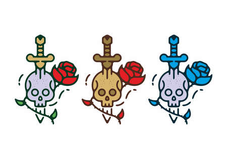 Skull sword and rose colorful tattoo set designのイラスト素材