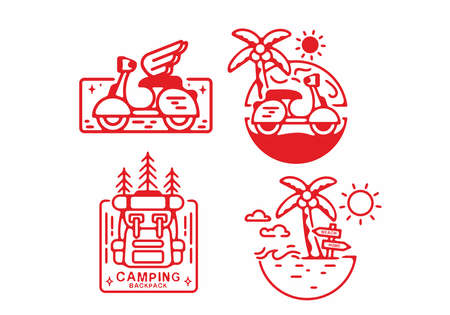 Beach and mountain line art set in red color designのイラスト素材
