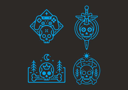 Bright blue of skull line art badge illustration in dark background designのイラスト素材