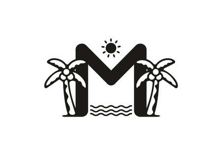 Black color of M initial letter with coconut tree and sun designのイラスト素材